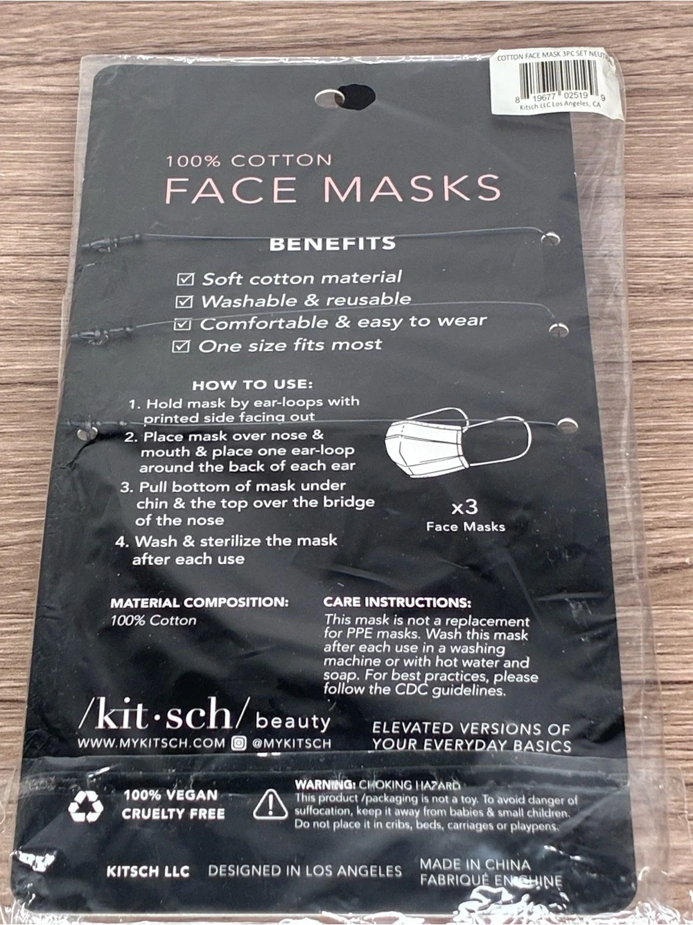 🐼 3/$25 Kitsch 3-Pack Women's Cotton Masks - Black, White, Beige Neutral